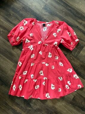 Coral Red Floral Tiered Dress with Pockets